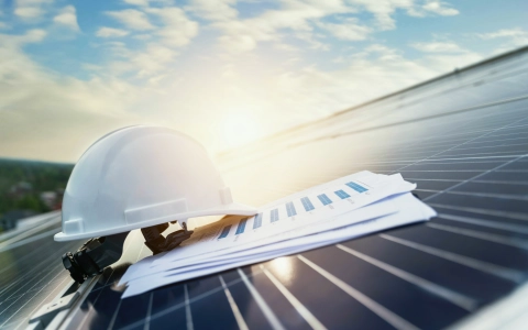 Bauhelm und technische Unterlagen auf Photovoltaiknlage