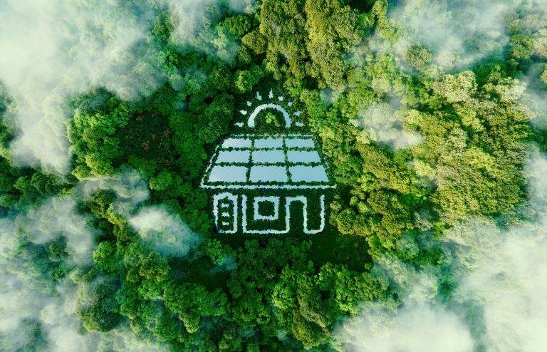Wald aus Vogelperspektive mit See in Form eines Hauses mit Solarenergie